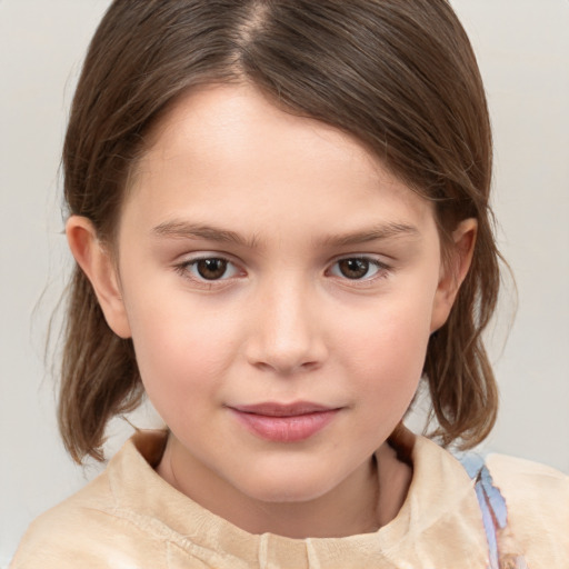 Joyful white child female with medium  brown hair and brown eyes