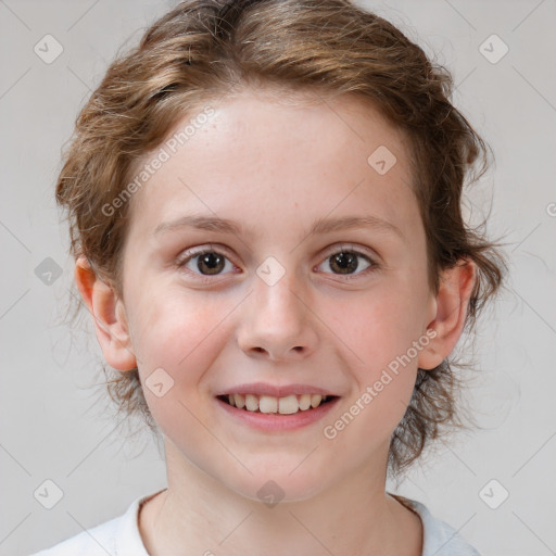 Joyful white child female with medium  brown hair and brown eyes