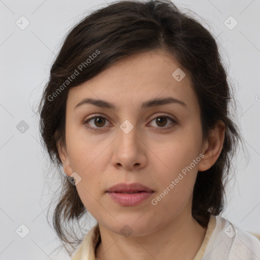 Neutral white young-adult female with medium  brown hair and brown eyes