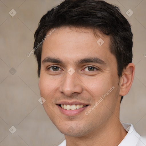 Joyful white young-adult male with short  brown hair and brown eyes