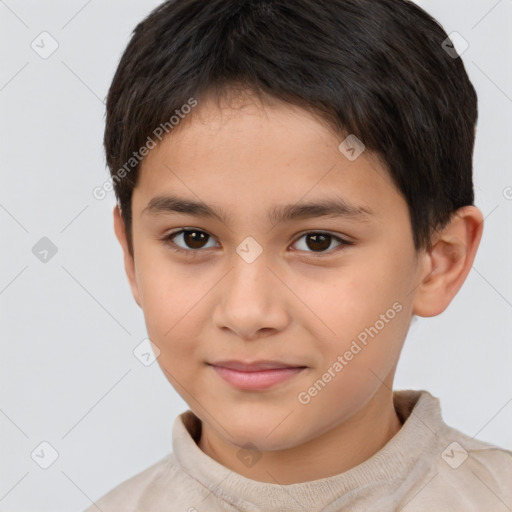 Joyful white child male with short  brown hair and brown eyes