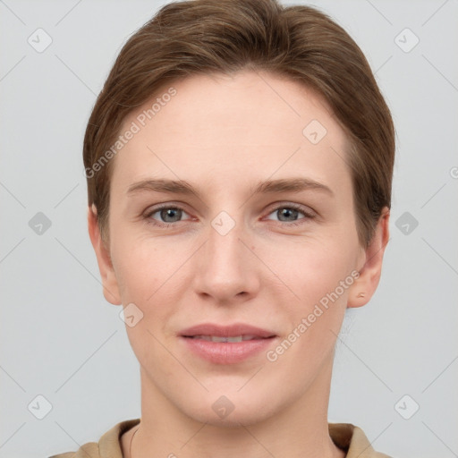 Joyful white young-adult female with short  brown hair and grey eyes