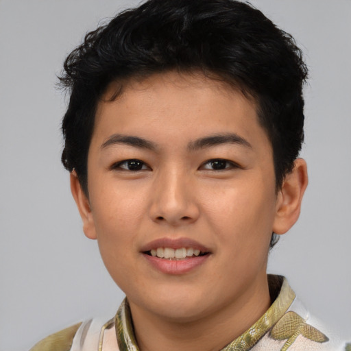 Joyful latino young-adult female with short  black hair and brown eyes