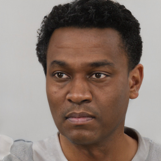 Neutral black young-adult male with short  black hair and brown eyes