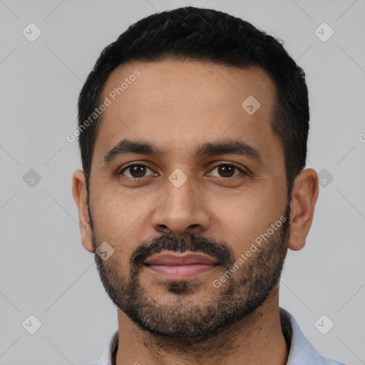 Neutral latino young-adult male with short  black hair and brown eyes