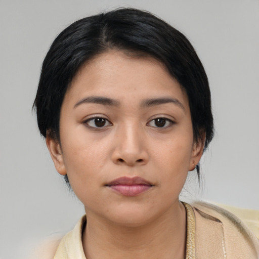 Neutral asian young-adult female with short  black hair and brown eyes