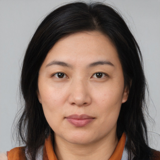 Neutral asian young-adult female with medium  brown hair and brown eyes