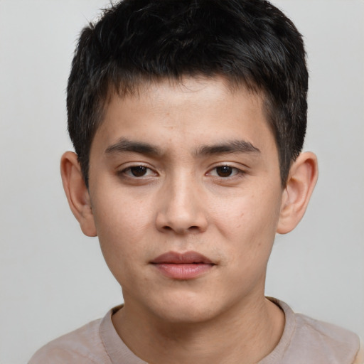 Neutral white young-adult male with short  black hair and brown eyes