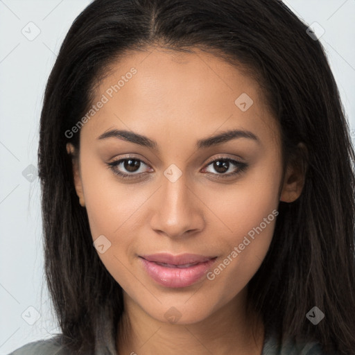 Joyful latino young-adult female with long  brown hair and brown eyes