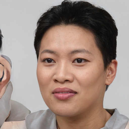 Joyful asian young-adult female with short  brown hair and brown eyes