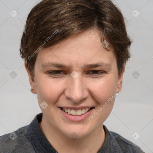 Joyful white young-adult female with short  brown hair and grey eyes