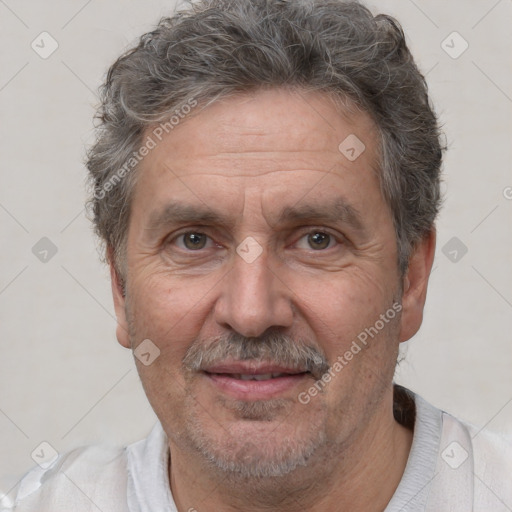 Joyful white middle-aged male with short  brown hair and brown eyes