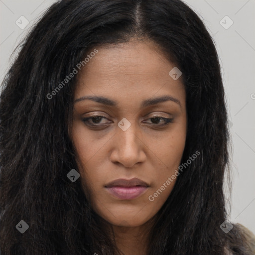 Neutral black young-adult female with long  brown hair and brown eyes