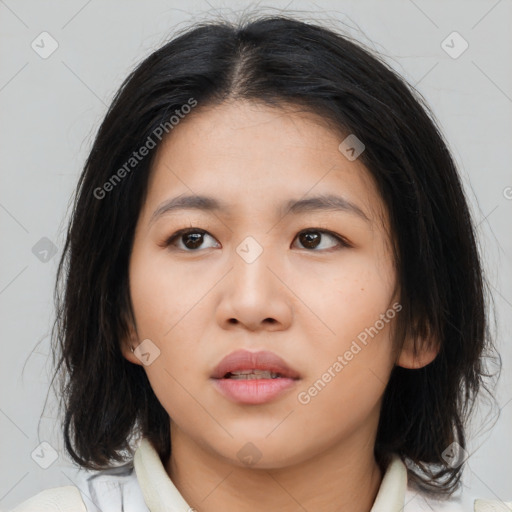 Neutral asian young-adult female with medium  brown hair and brown eyes