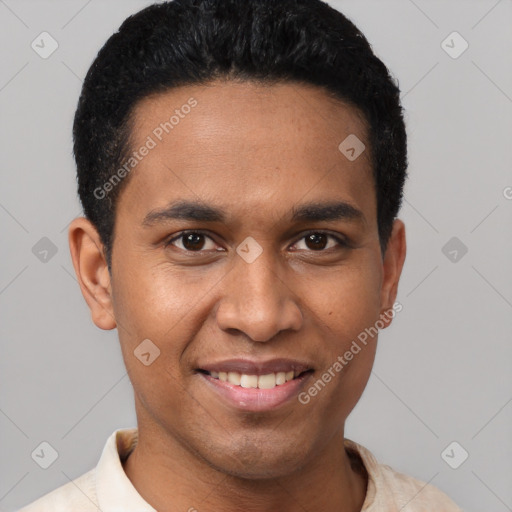 Joyful latino young-adult male with short  black hair and brown eyes