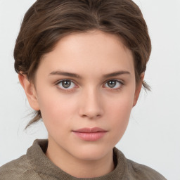 Neutral white young-adult female with short  brown hair and grey eyes