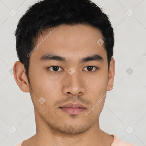 Neutral asian young-adult male with short  black hair and brown eyes