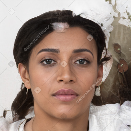 Neutral white young-adult female with medium  brown hair and brown eyes