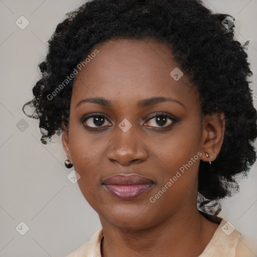 Joyful black young-adult female with medium  black hair and brown eyes