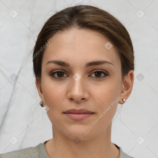 Neutral white young-adult female with short  brown hair and brown eyes