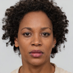 Neutral black adult female with medium  brown hair and brown eyes