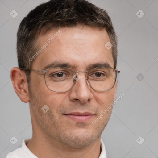 Neutral white adult male with short  brown hair and brown eyes