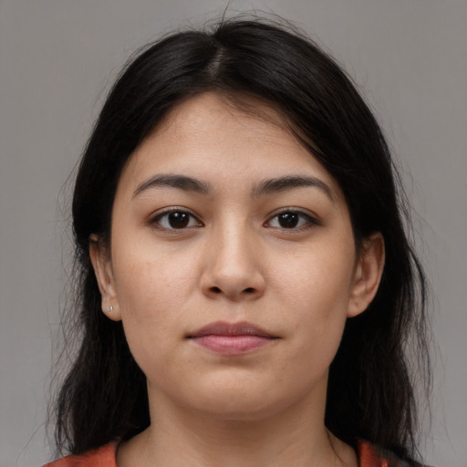 Neutral white young-adult female with medium  black hair and brown eyes