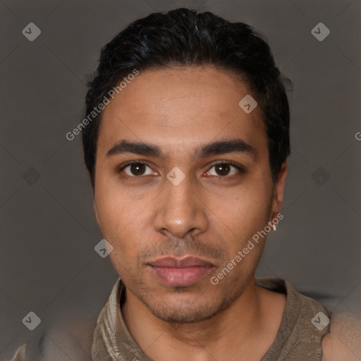 Neutral latino young-adult male with short  black hair and brown eyes