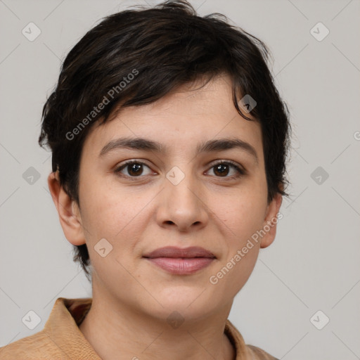 Joyful white young-adult female with short  brown hair and brown eyes