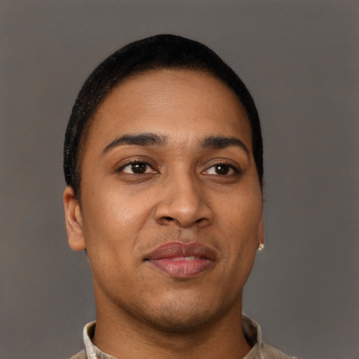 Joyful latino young-adult male with short  brown hair and brown eyes