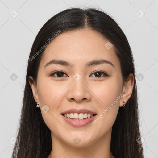 Joyful white young-adult female with long  brown hair and brown eyes