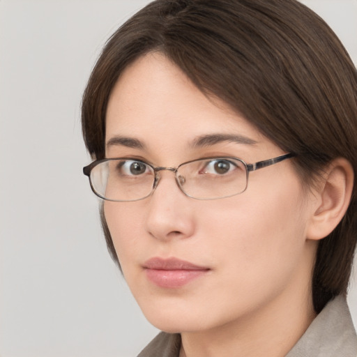 Neutral white young-adult female with medium  brown hair and brown eyes