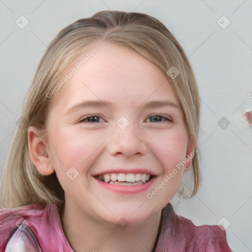 Joyful white child female with medium  brown hair and blue eyes