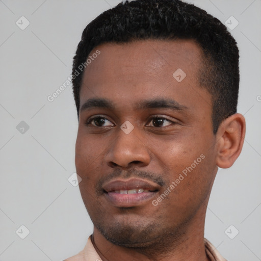 Neutral latino young-adult male with short  black hair and brown eyes