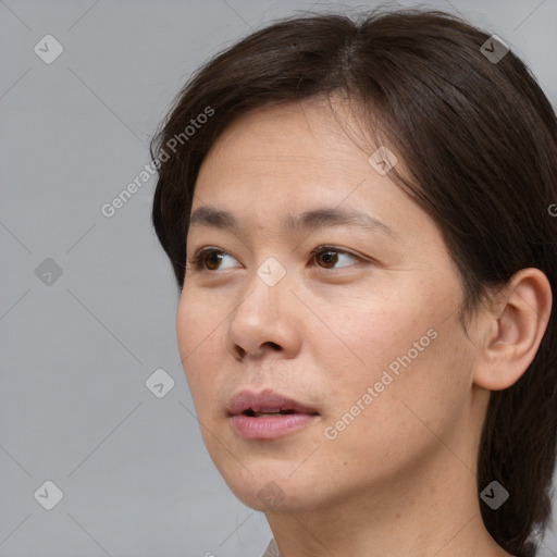 Neutral white young-adult female with short  brown hair and brown eyes