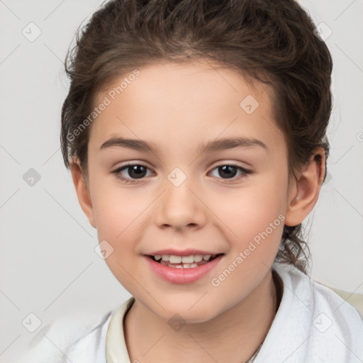 Joyful white child female with medium  brown hair and brown eyes