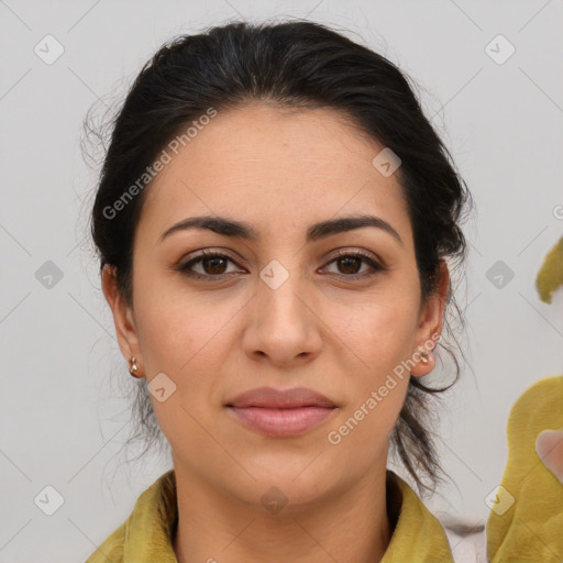 Joyful white young-adult female with medium  brown hair and brown eyes