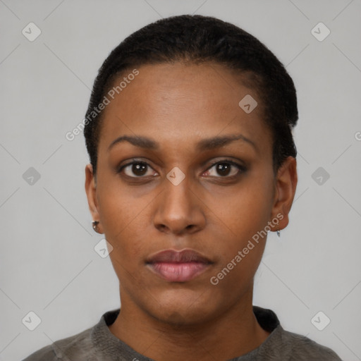 Neutral black young-adult female with short  black hair and brown eyes