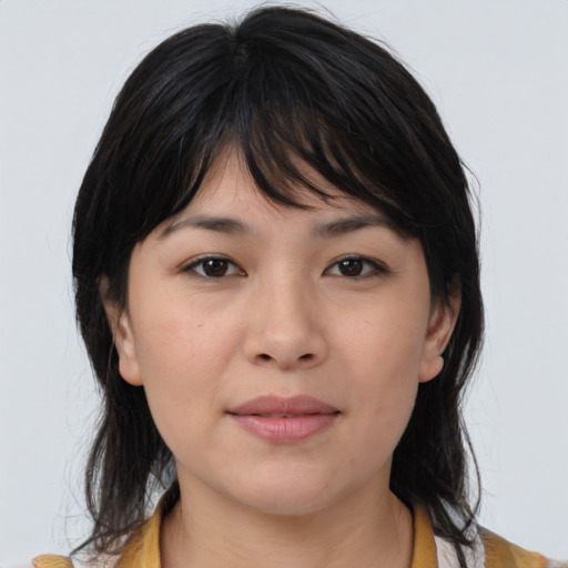 Neutral asian young-adult female with medium  brown hair and brown eyes