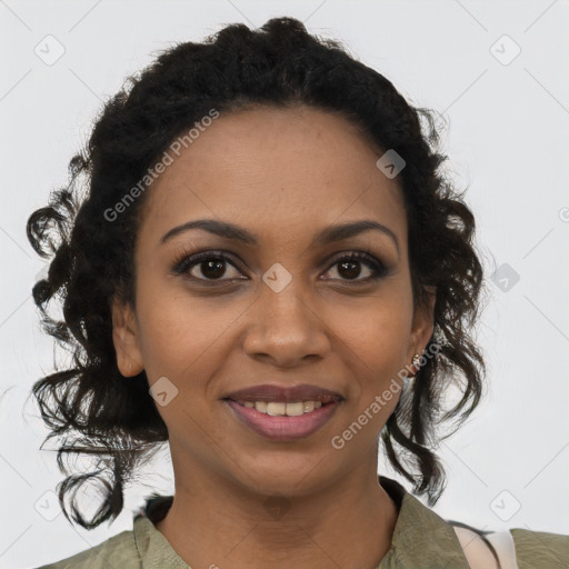 Joyful black young-adult female with medium  black hair and brown eyes