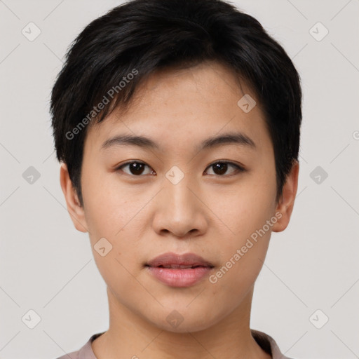 Joyful asian young-adult female with short  black hair and brown eyes