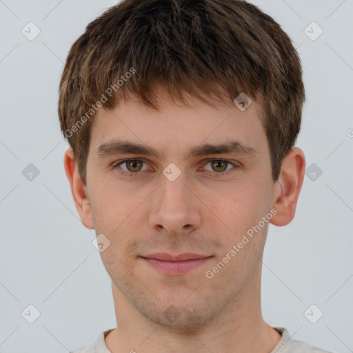 Neutral white young-adult male with short  brown hair and brown eyes