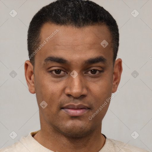 Neutral latino young-adult male with short  black hair and brown eyes