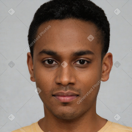 Neutral latino young-adult male with short  black hair and brown eyes