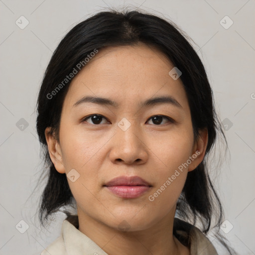 Neutral asian young-adult female with medium  brown hair and brown eyes