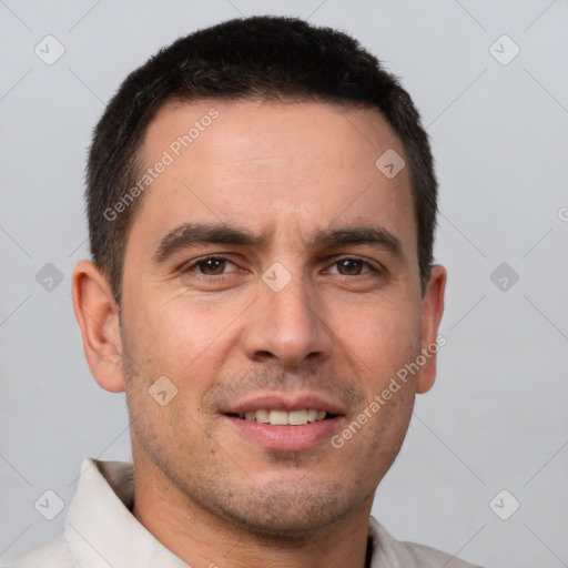 Joyful white young-adult male with short  brown hair and brown eyes