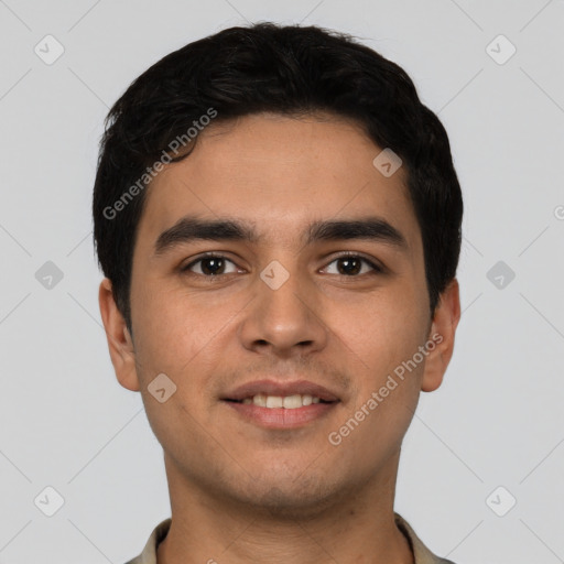 Joyful latino young-adult male with short  black hair and brown eyes