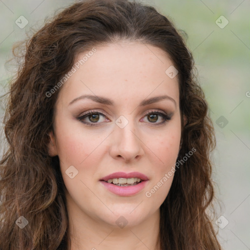 Joyful white young-adult female with long  brown hair and green eyes