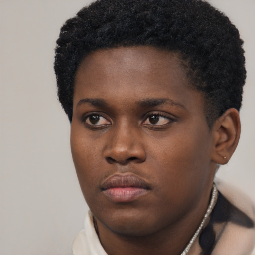 Neutral black young-adult male with short  black hair and brown eyes
