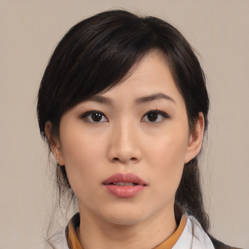 Neutral asian young-adult female with medium  black hair and brown eyes
